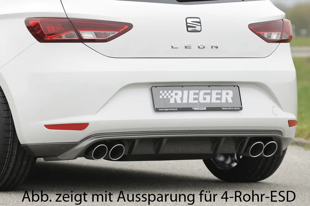 Omezená Nabídka Rieger spoiler pod zadní nárazník pro Seat Leon 5F 3-dvéř. (sc), 5-dvéř. před faceliftem r.v. 10/12-12/16, plast ABS s povrchovou úpravou Carbon-Look, pro dvojitou koncovku vlevo
