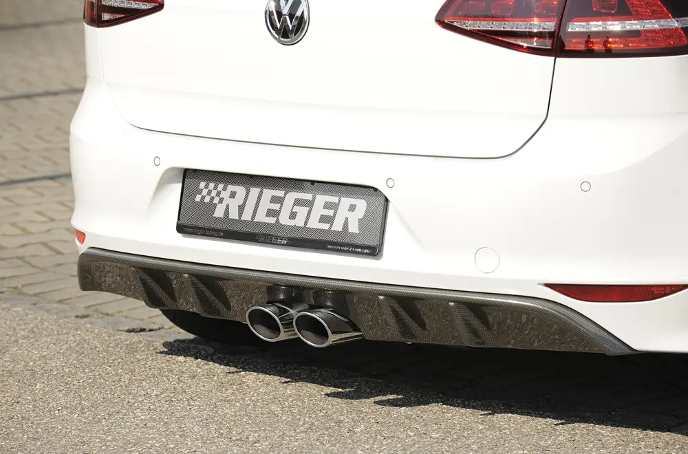 Výhodná Nabídka Rieger vložka zadního nárazníku pro Volkswagen Golf 7 3-dvéř., 5-dvéř., plast ABS s povrchovou úpravou Carbon-Look, R-Line, pro koncový tlumič Remus s dvojitou koncovkou uprostřed 2x93x74 mm